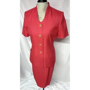 Vintage Kasper Womens Red 2 Piece Skirt Suit Sz 8 Pencil Skirt Gold Buttons +🎁